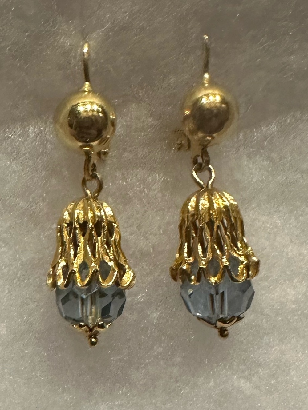 Vintage Gold-Tone lever back Dangle Earrings with Blue Crystal Drops.